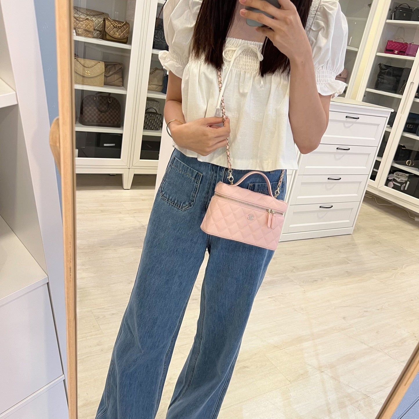 Chanel Vanity / Clutch with Chain (LP Style Bag) in Light Pink Caviar and LGHW (Model: )