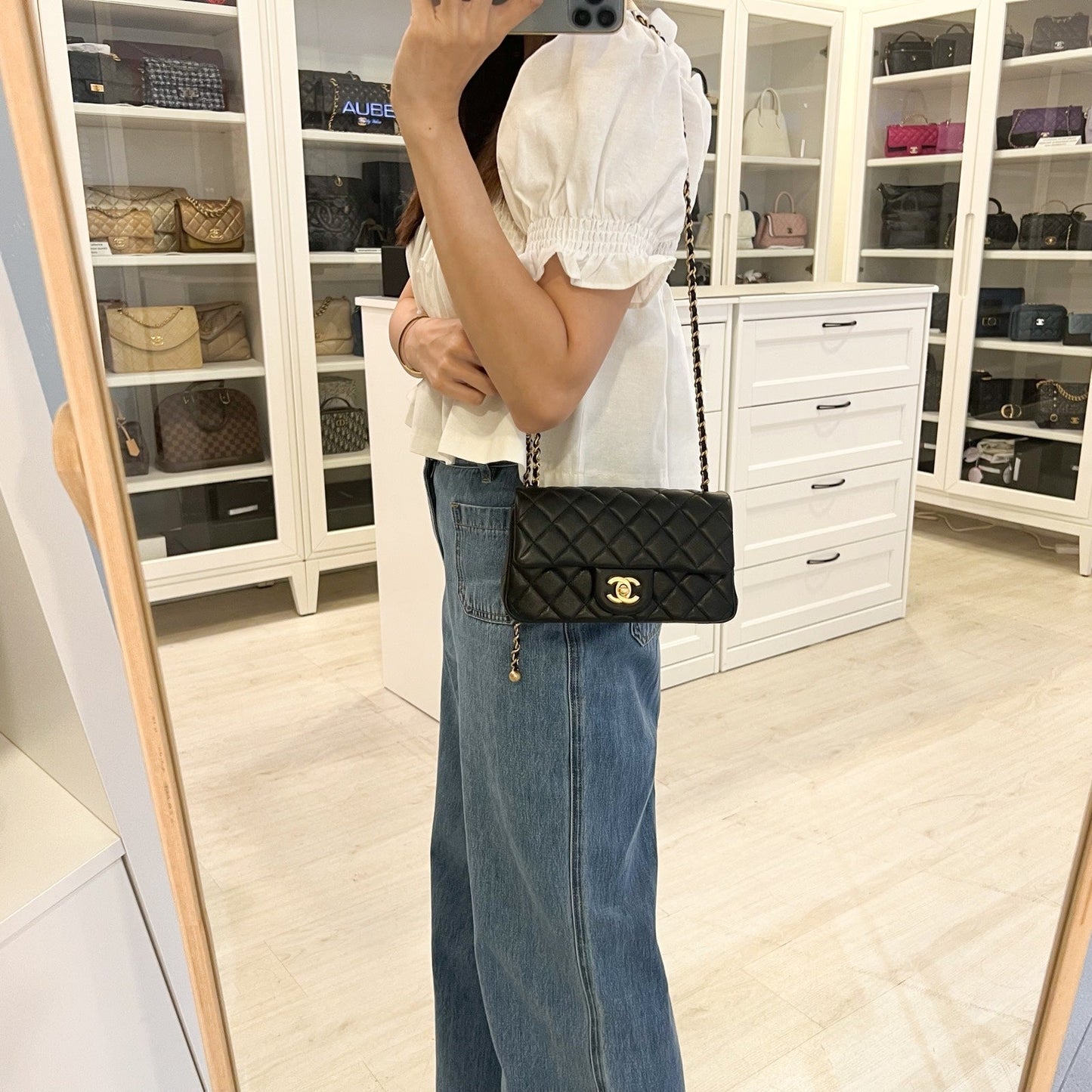 Chanel Pearl Crush Mini Rectangle Flap in Black Stiff Lambskin and AGHW () Accessory