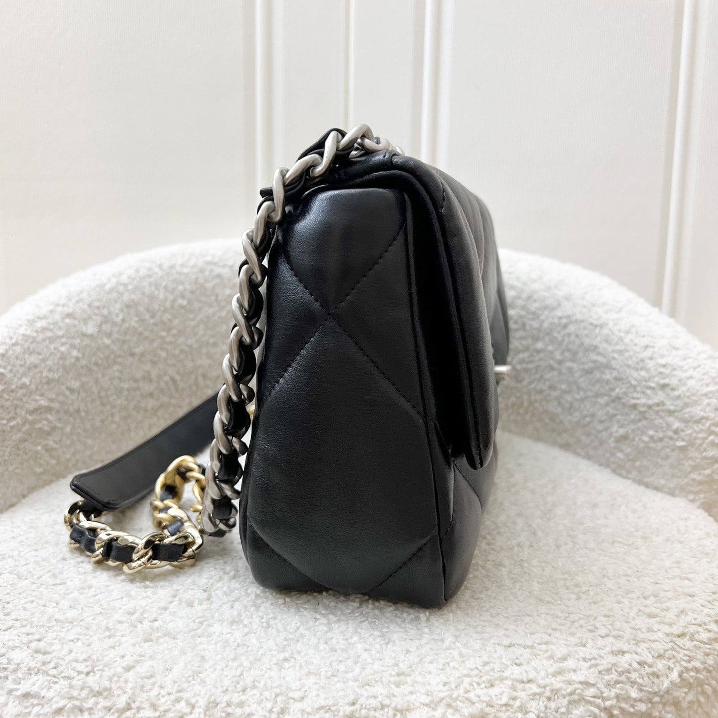 Chanel 19 Small Flap in Black Lambskin and 3-tone Hardware, Silver Turnlock (Model: ) Accessory