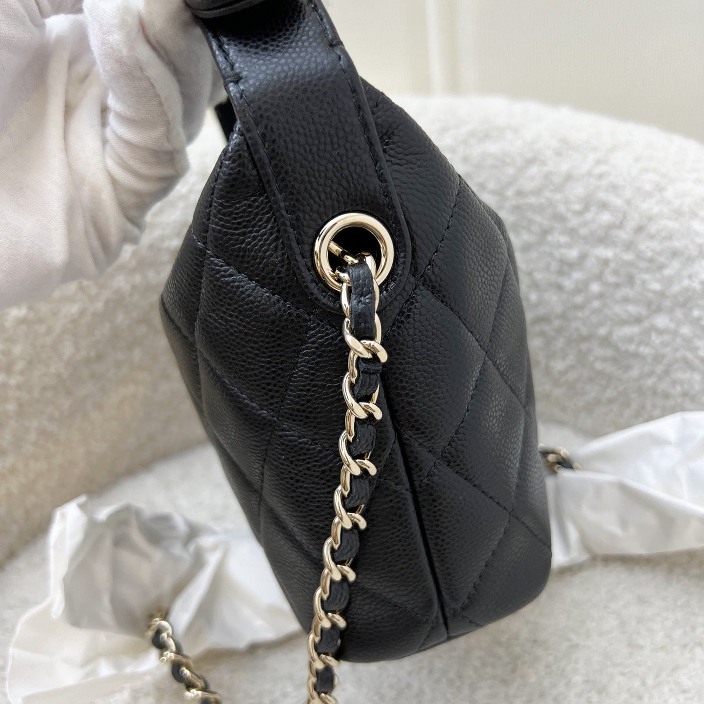 Classic Quilted Hobo Clutch on Chain in Black Caviar and LGHW (Model: ) Refined