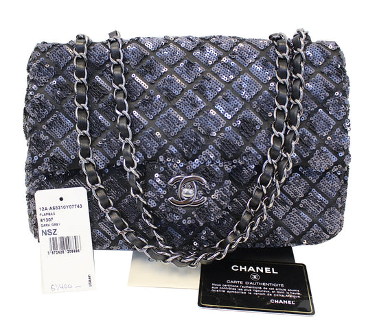Chanel Navy Dark Grey Sequin Shoulder Bag Limited Blue Flap