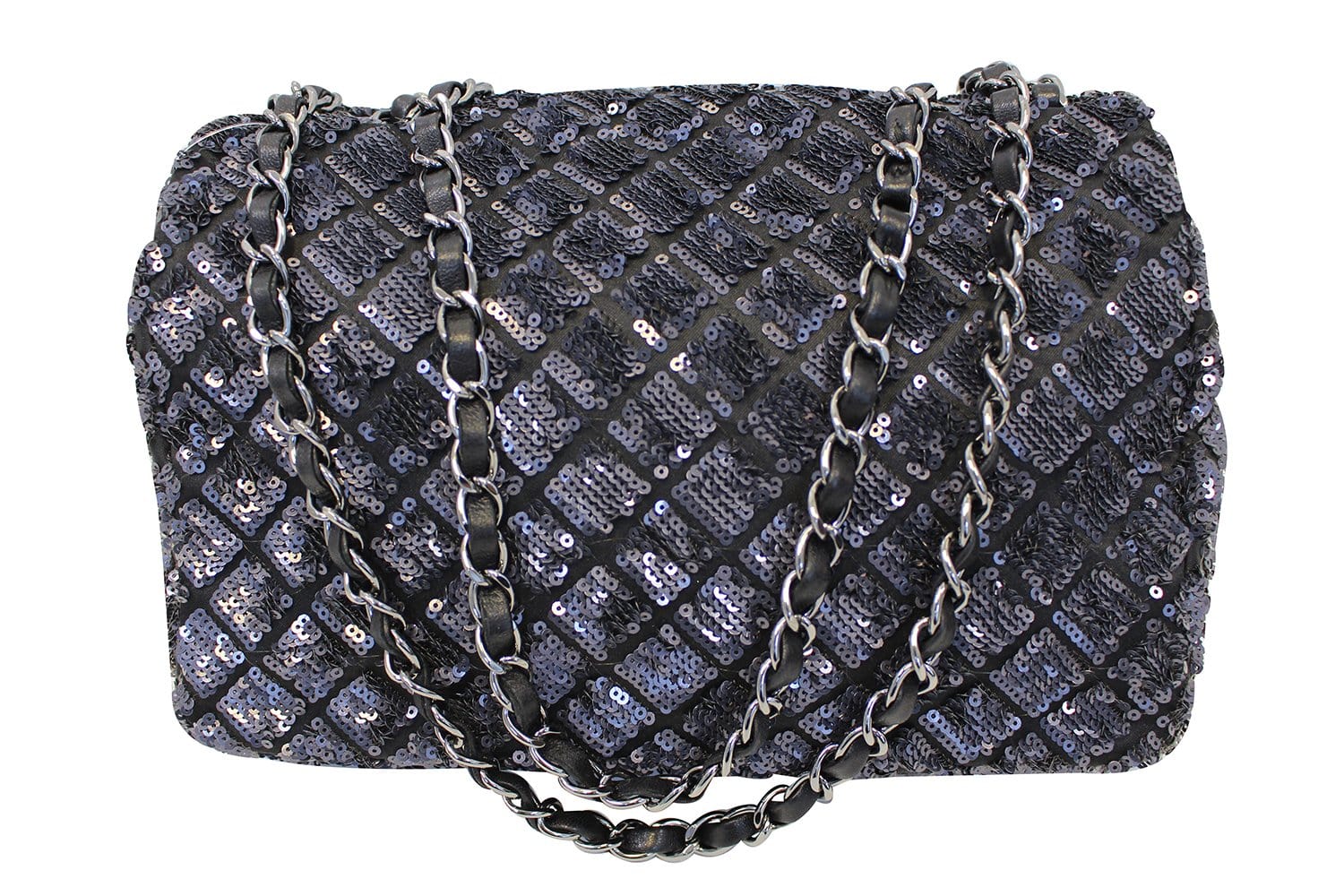 Chanel Navy Dark Grey Sequin Shoulder Bag Limited Blue Flap