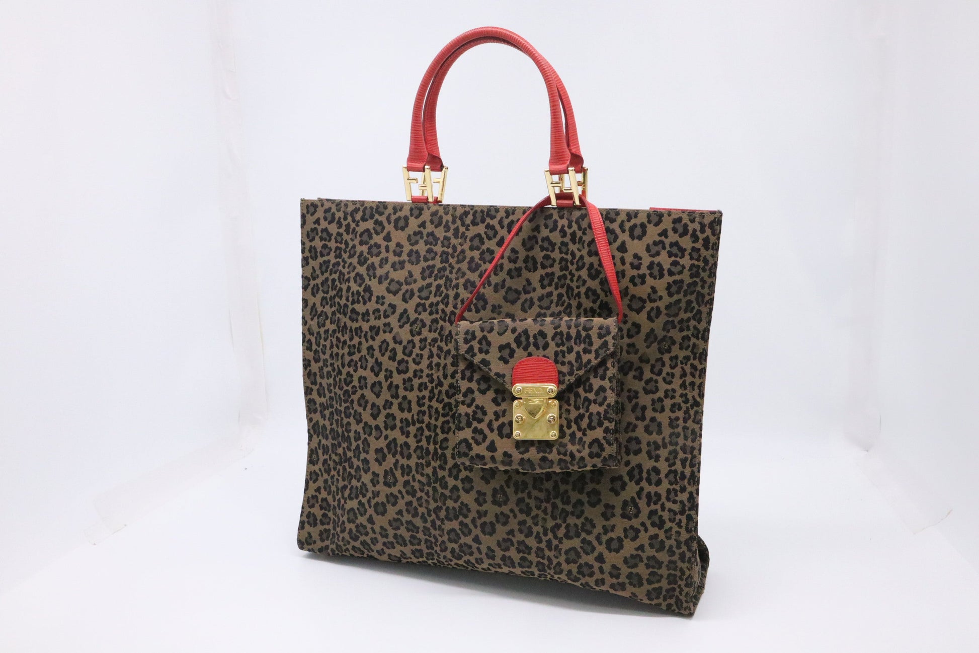 Fendi Shoulder Bag In Leopard Leather Canvas Red