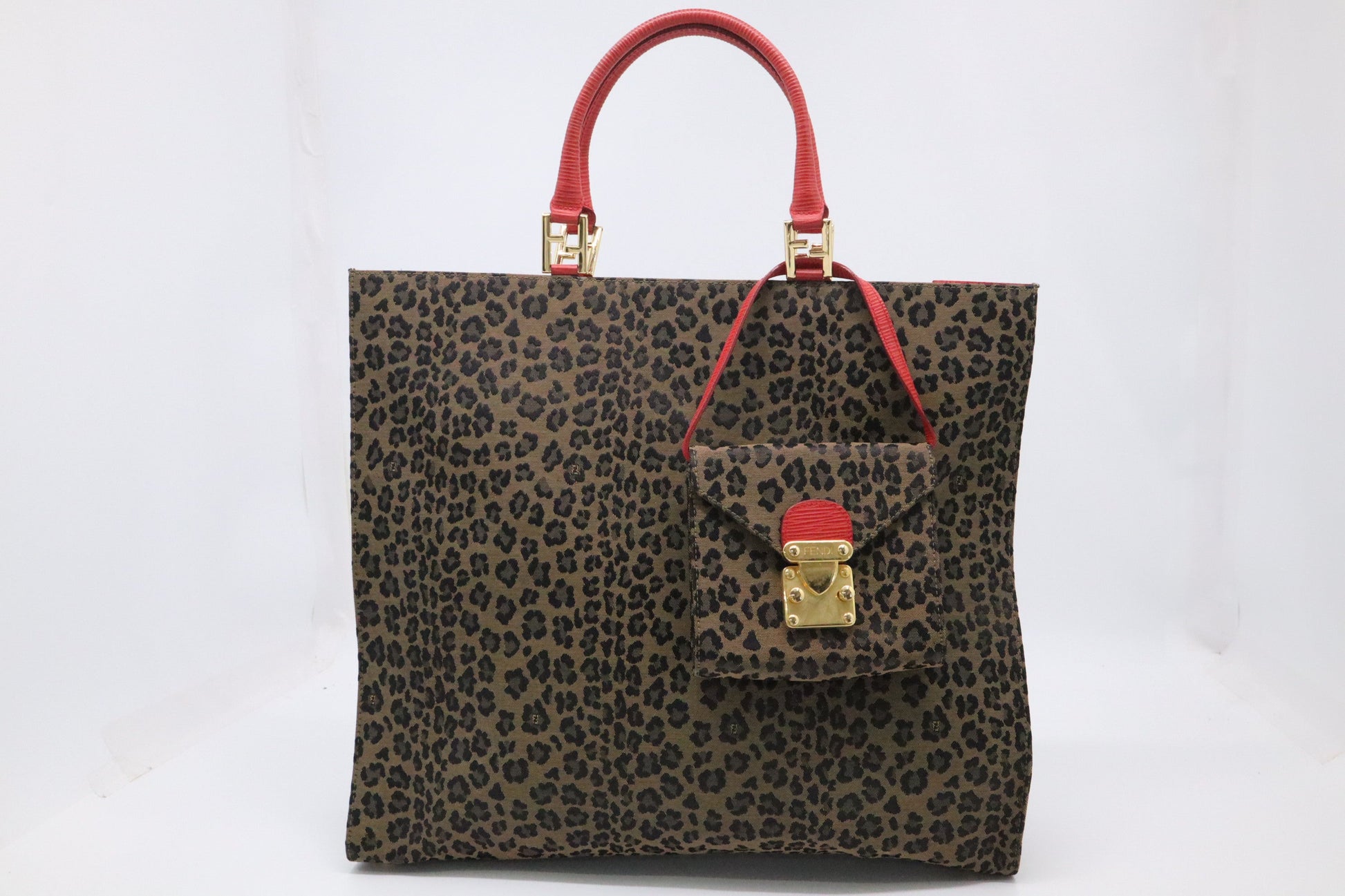 Fendi Shoulder Bag In Leopard Leather Canvas Red