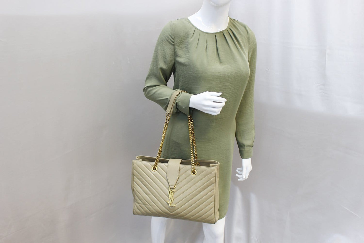 YSL Saint Laurent Yves Chevron Shopper Bag Final Call Monogram Matelasse Beige Tote Bag