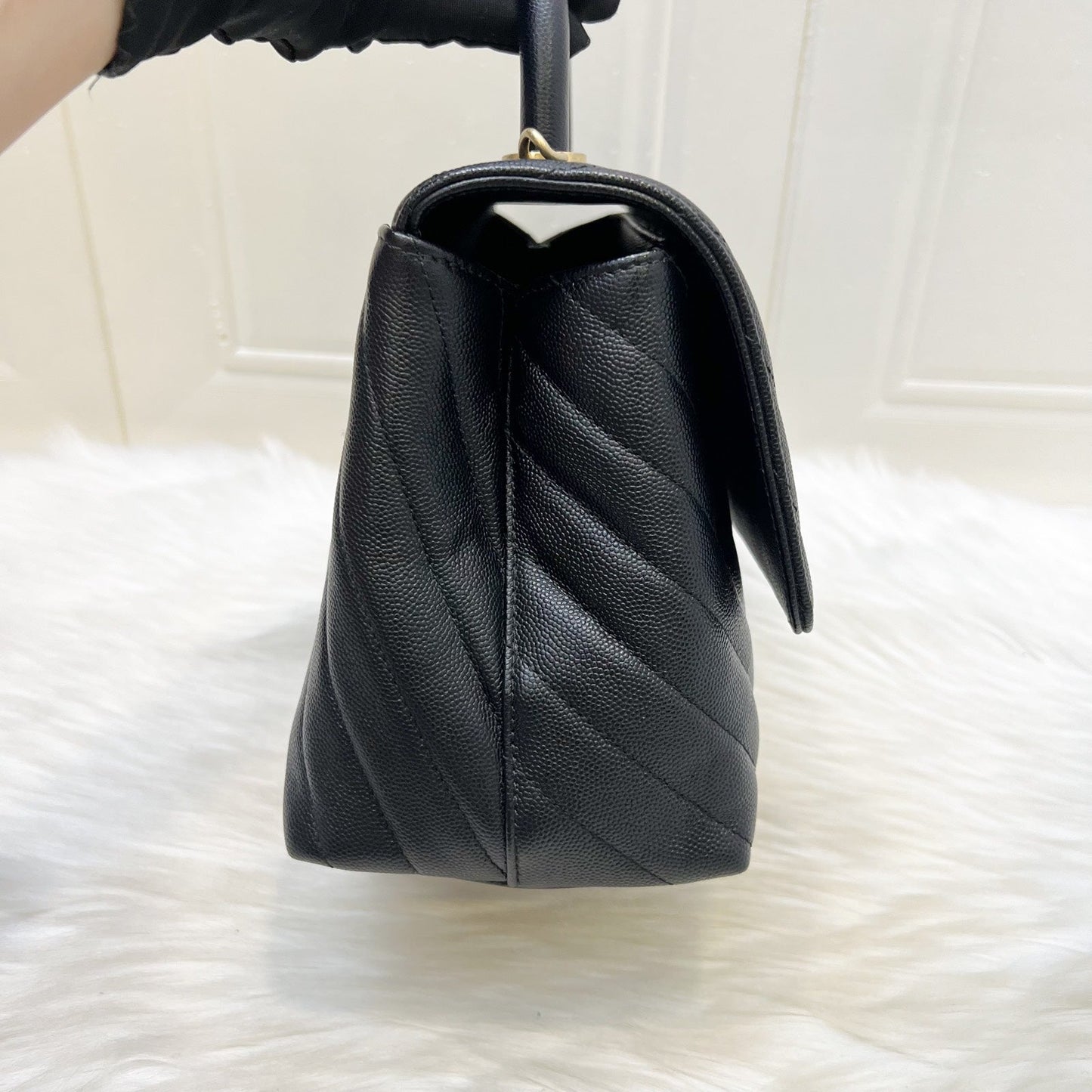 Chanel Medium Coco Handle Flap in Chevron Quilted Black Caviar and GHW (Model: ) Accessory