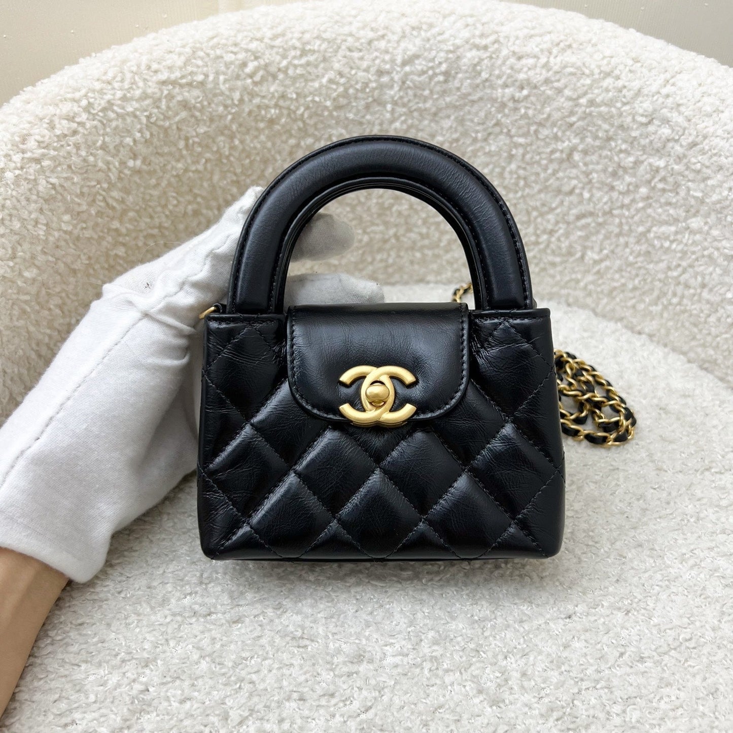 Chanel Micro Kelly (Nano) in Black Calfskin and AGHW Accessory