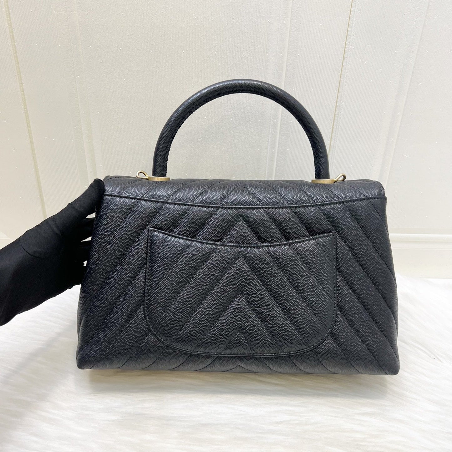 Chanel Medium Coco Handle Flap in Chevron Quilted Black Caviar and GHW (Model: ) Accessory
