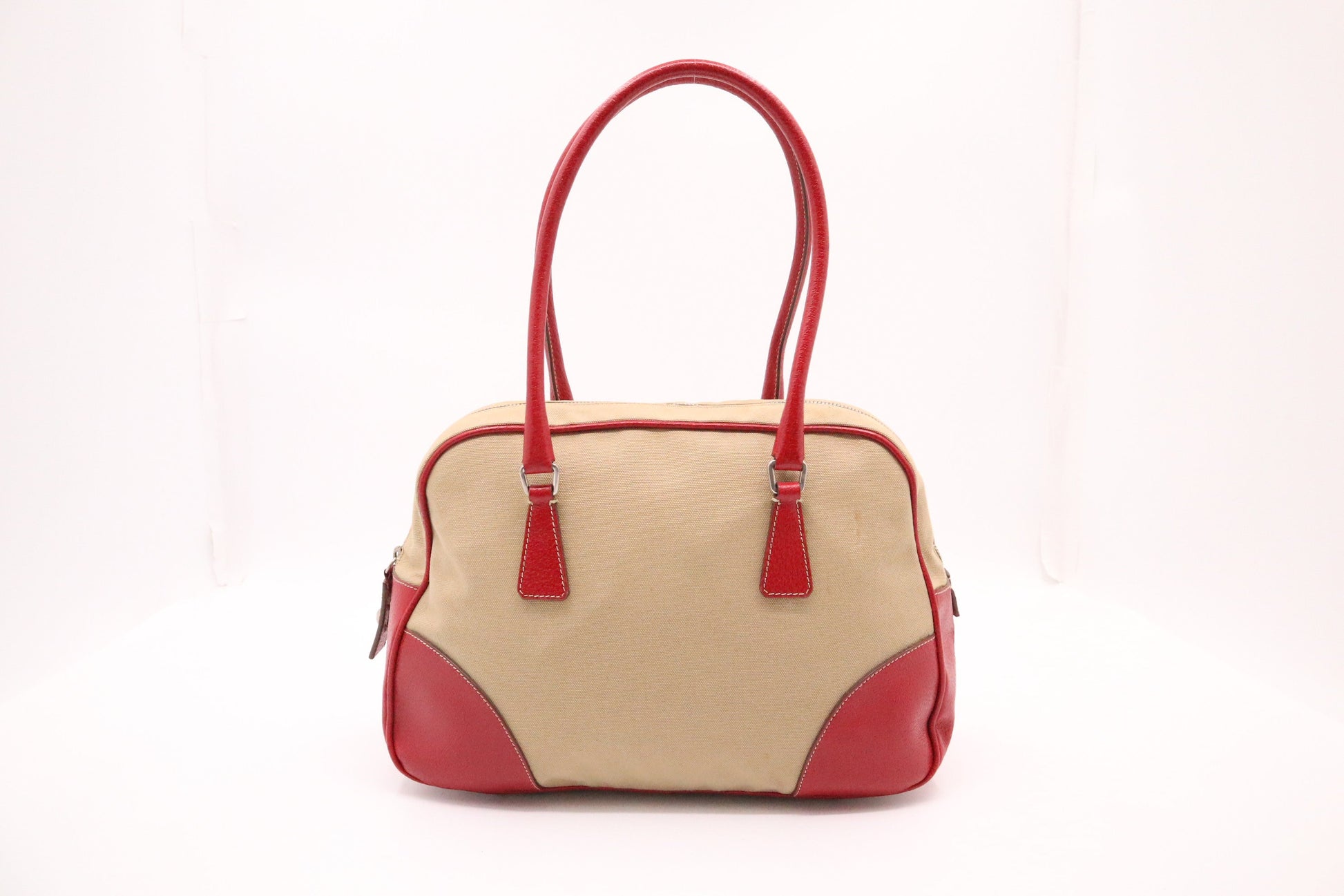 Prada Bowling Bag In Red And Leather Canvas Travel Bag