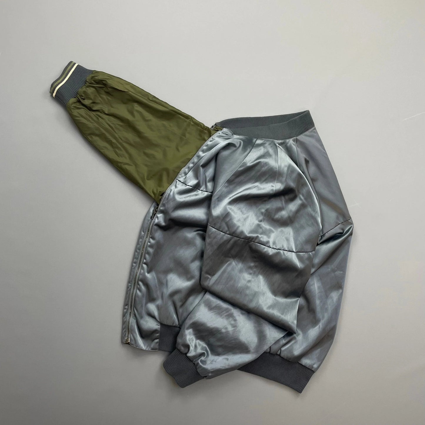 Prada Handbag Khaki Reversible Lightweight Bomber Jacket Nylon Silver