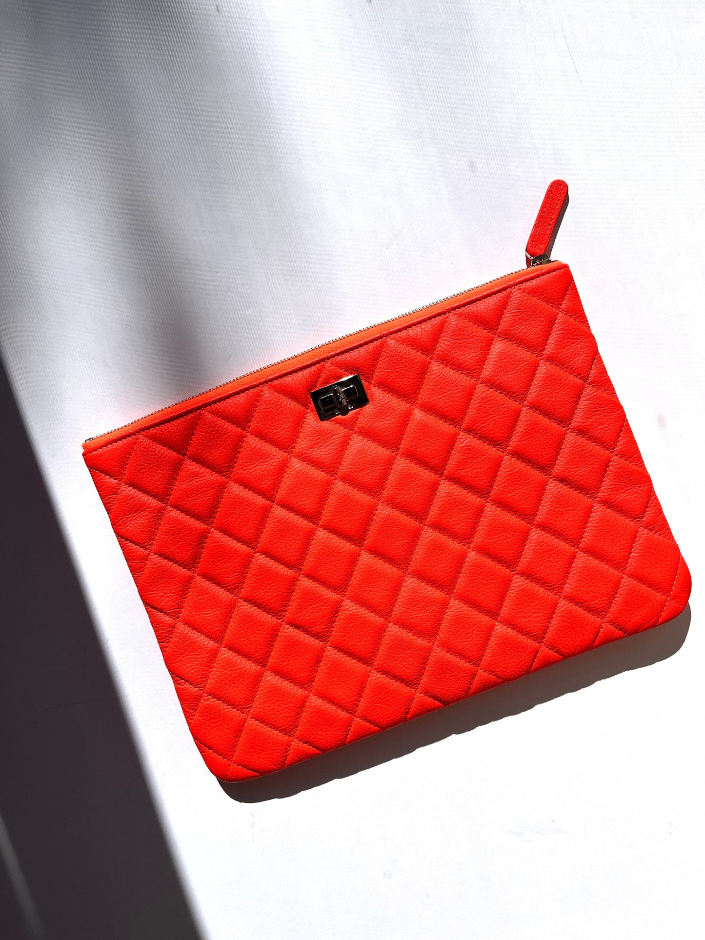 Chanel Reissue 2.55 O Case 2019 Goatskin Medium Fluorescent Neon Orange Quilted Clutch Bag