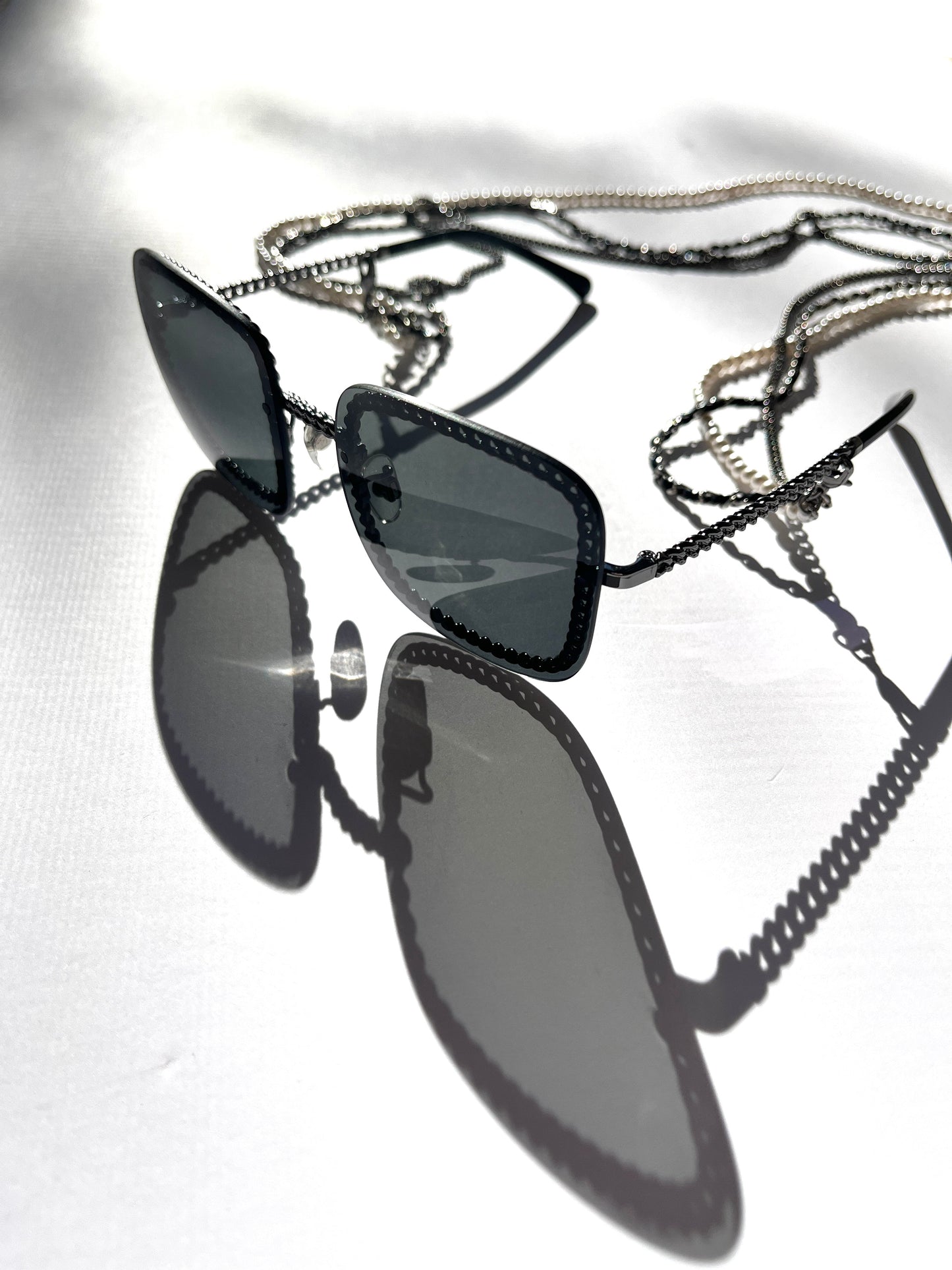 Chanel Square 4244 Chain Signature Black Silver Faux Pearl Sunglasses