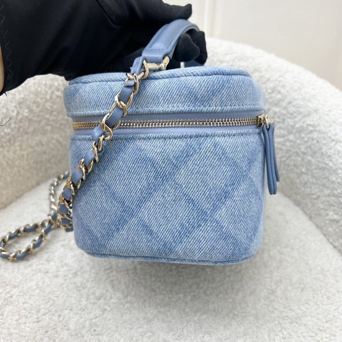 Chanel Cheer for Vanity Case with Top Handle in Light Blue Denim Fabric and LGHW (Model: )