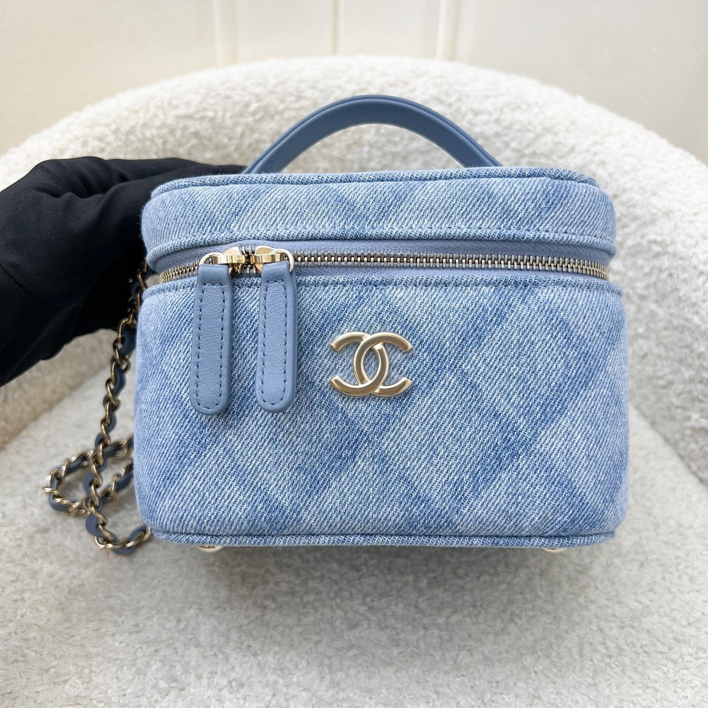 Chanel Cheer for Vanity Case with Top Handle in Light Blue Denim Fabric and LGHW (Model: )