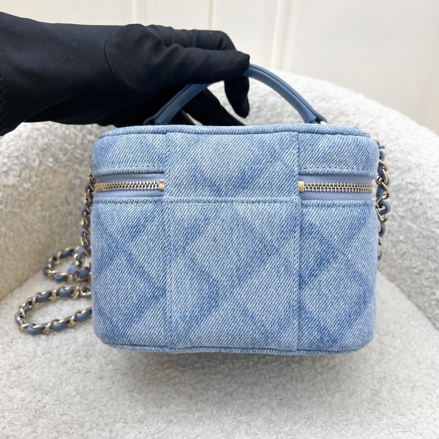Chanel Cheer for Vanity Case with Top Handle in Light Blue Denim Fabric and LGHW (Model: )