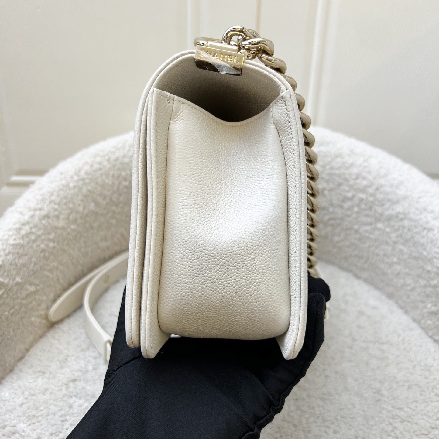 Chanel Medium Boy Flap in Chevron Quilted White Caviar and Shiny GHW Accessory