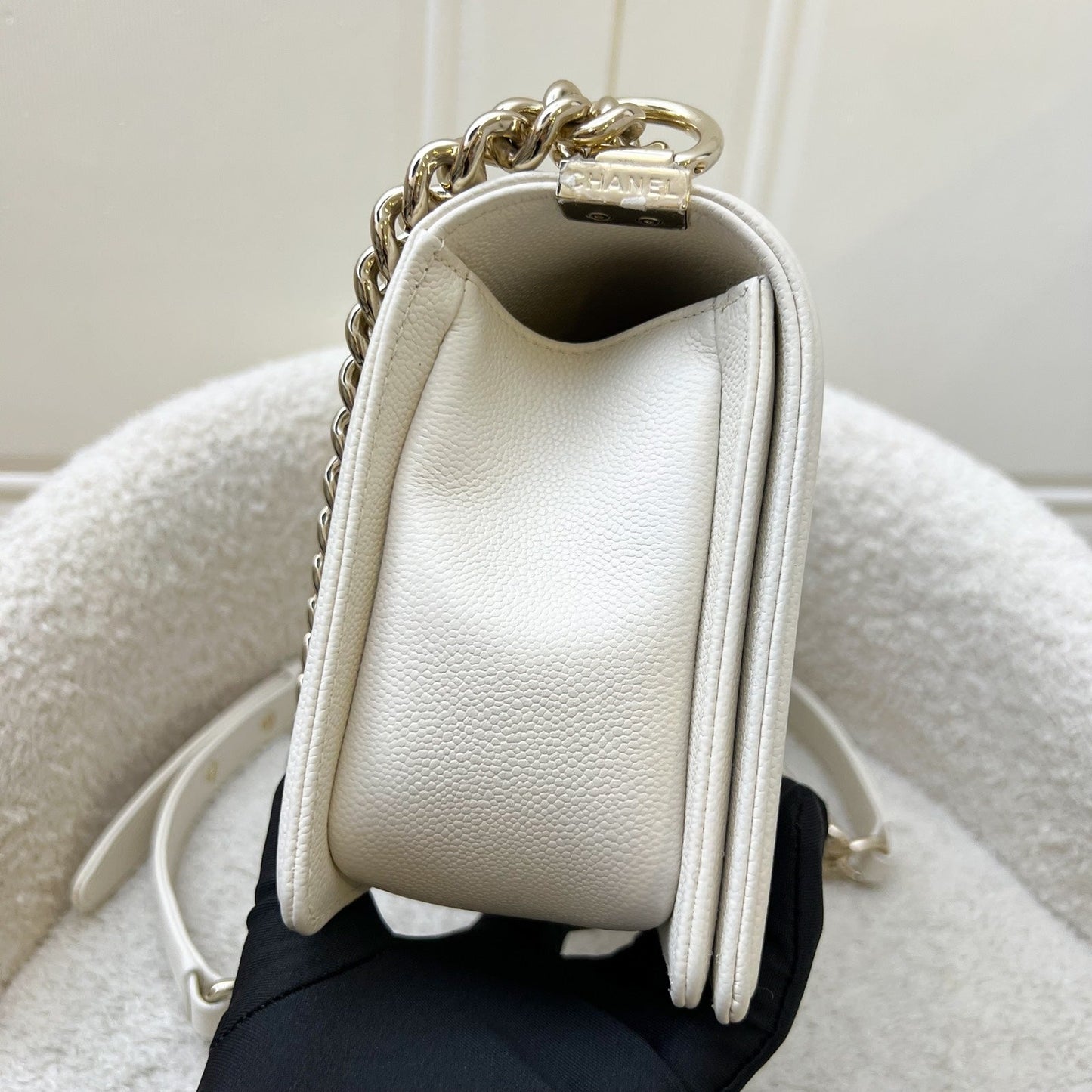 Chanel Medium Boy Flap in Chevron Quilted White Caviar and Shiny GHW Accessory