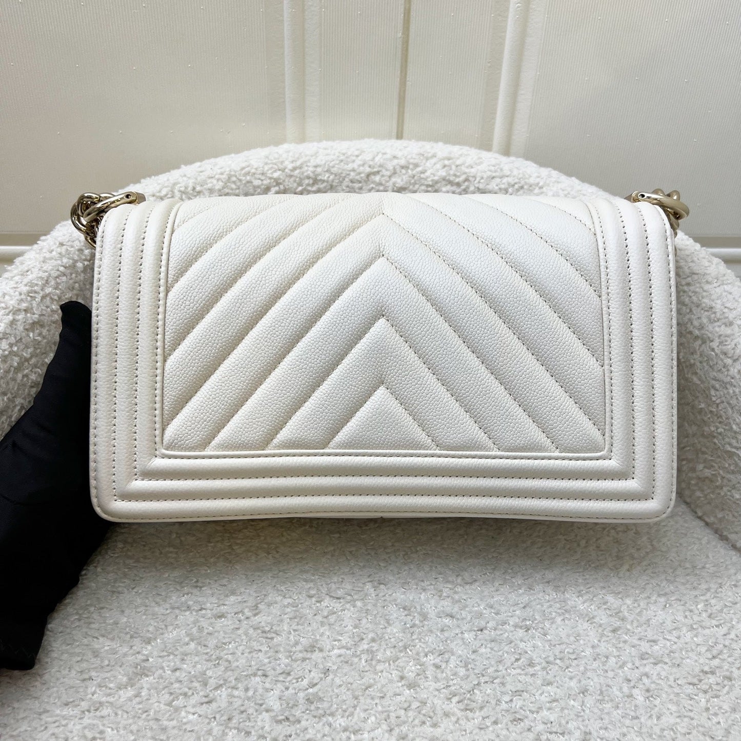 Chanel Medium Boy Flap in Chevron Quilted White Caviar and Shiny GHW Accessory
