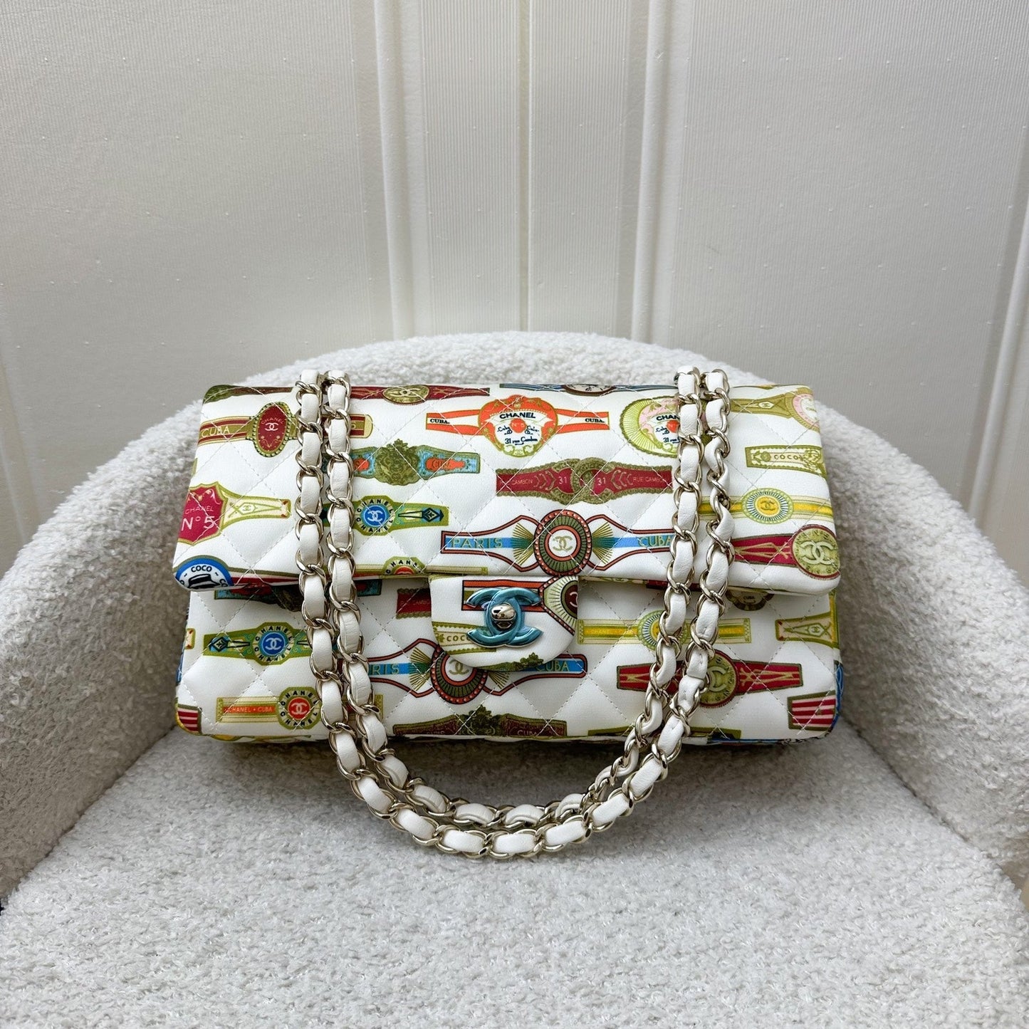 Chanel Medium Classic Flap CF Limited Edition Cuba in Printed White Fabric and LGHW Accessory