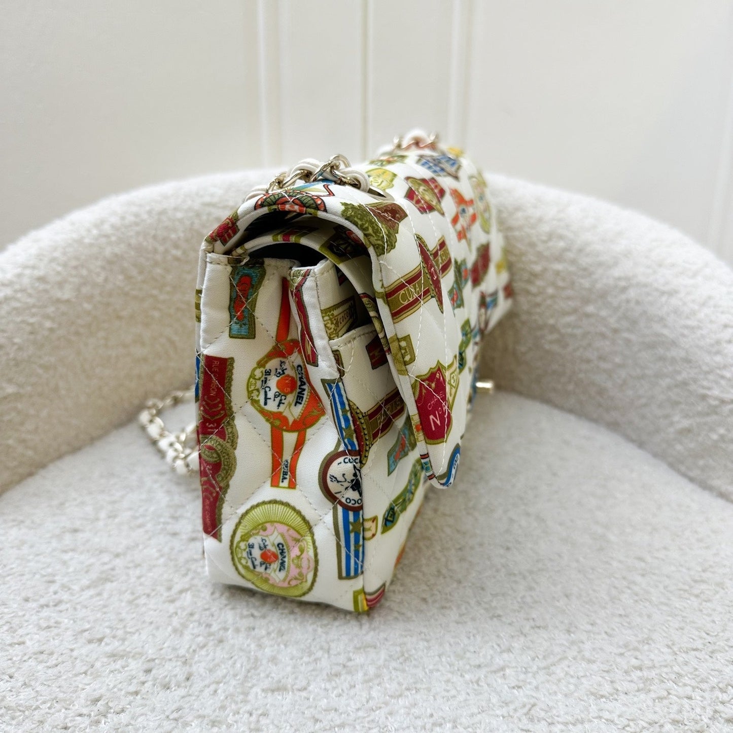 Chanel Medium Classic Flap CF Limited Edition Cuba in Printed White Fabric and LGHW Accessory