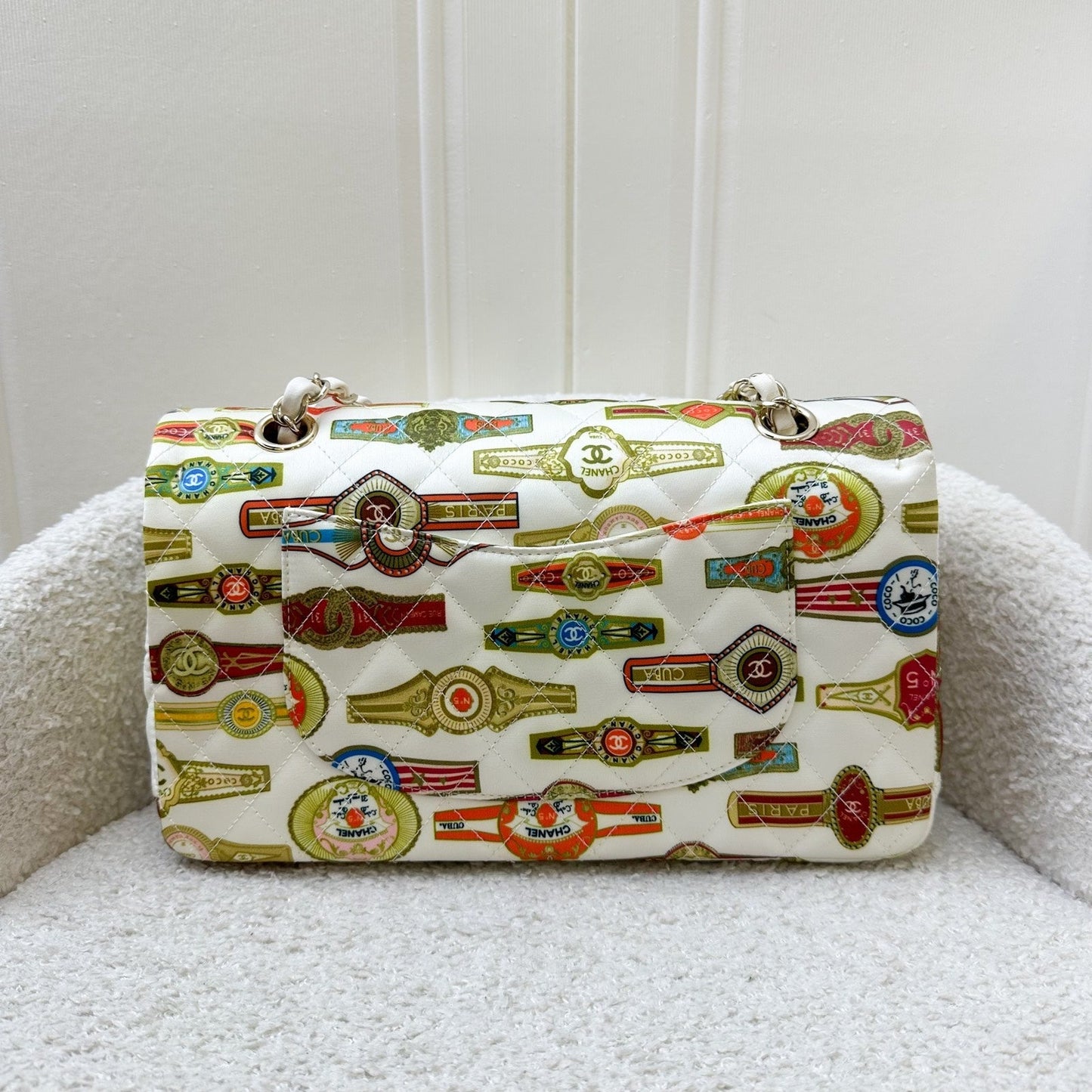 Chanel Medium Classic Flap CF Limited Edition Cuba in Printed White Fabric and LGHW Accessory
