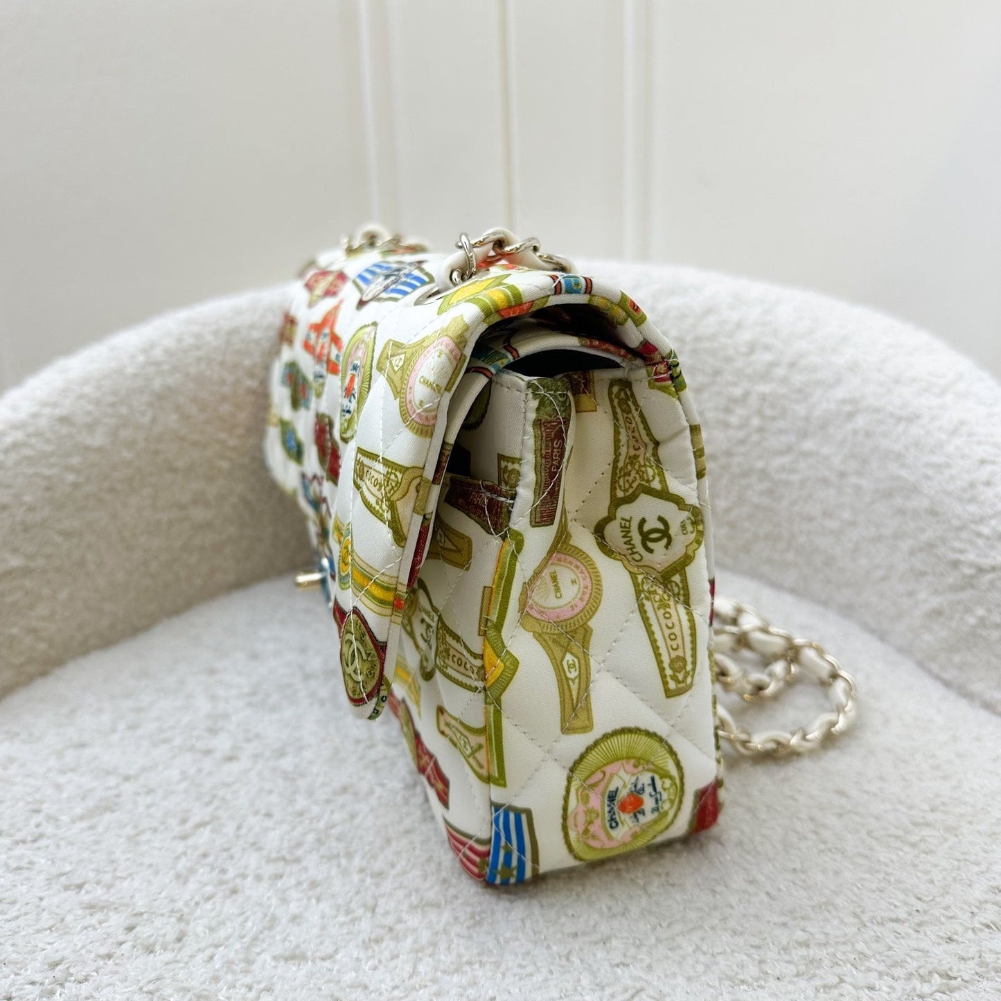 Chanel Medium Classic Flap CF Limited Edition Cuba in Printed White Fabric and LGHW Accessory