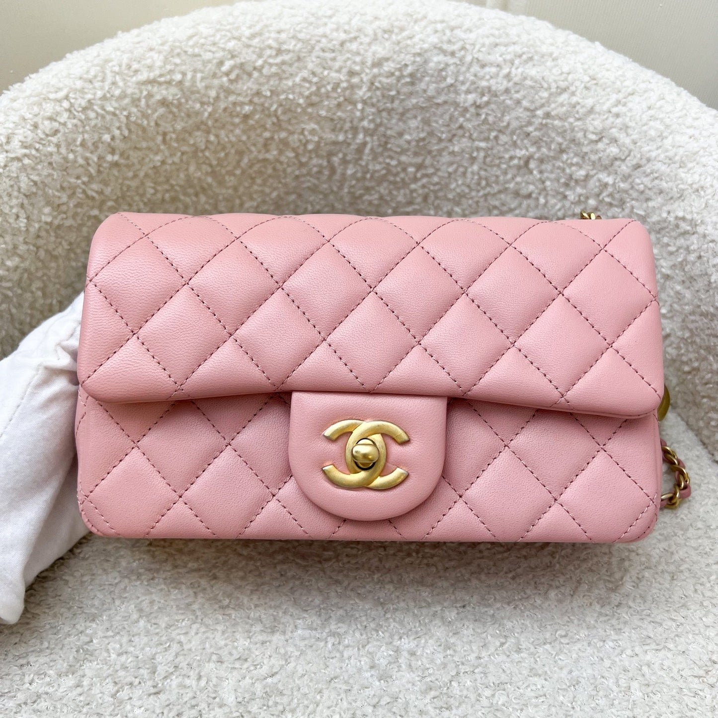 Chanel Pearl Crush Mini Rectangular Flap in Pink Stiff Lambskin and AGHW Accessory