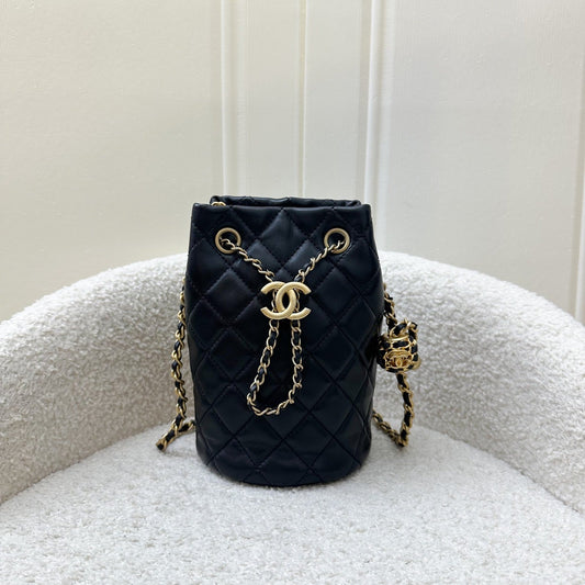 Chanel New Pearl Crush Bucket Bag in Black Lambskin AGHW