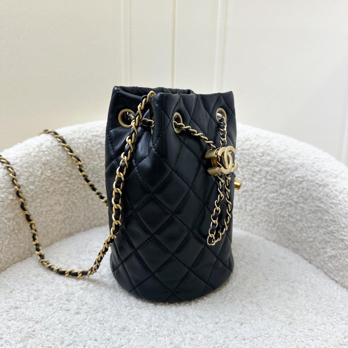 Chanel New Pearl Crush Bucket Bag in Black Lambskin AGHW