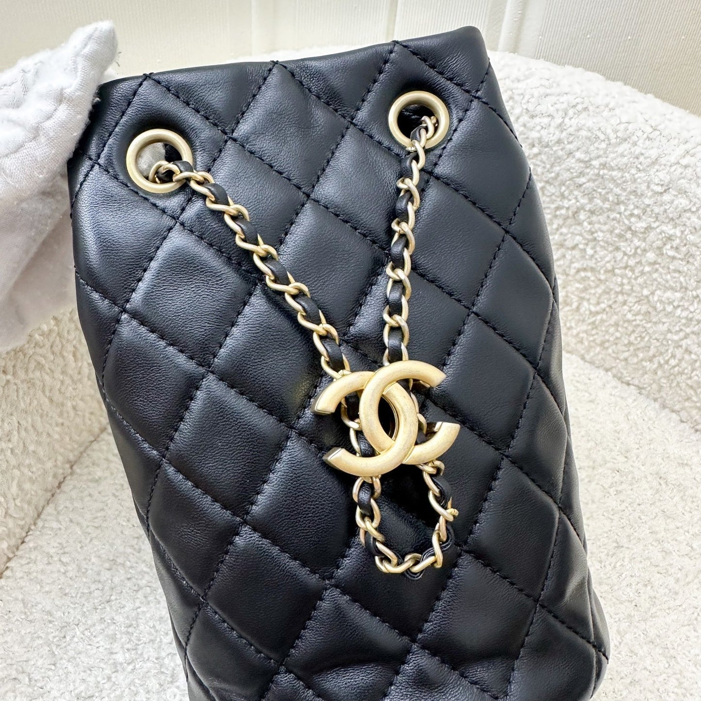Chanel New Pearl Crush Bucket Bag in Black Lambskin AGHW