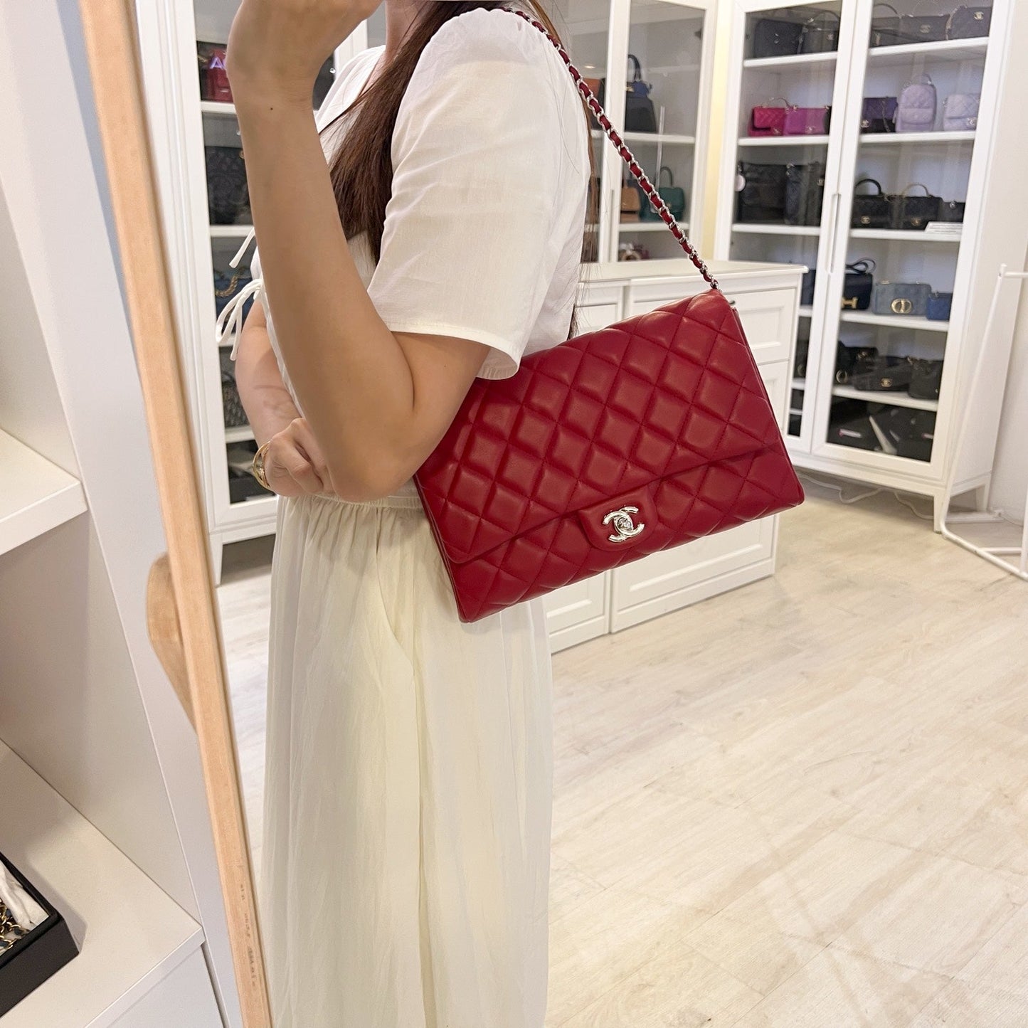 Chanel Classic Timeless Clutch with Chain in Red Lambskin and SHW (Model: )