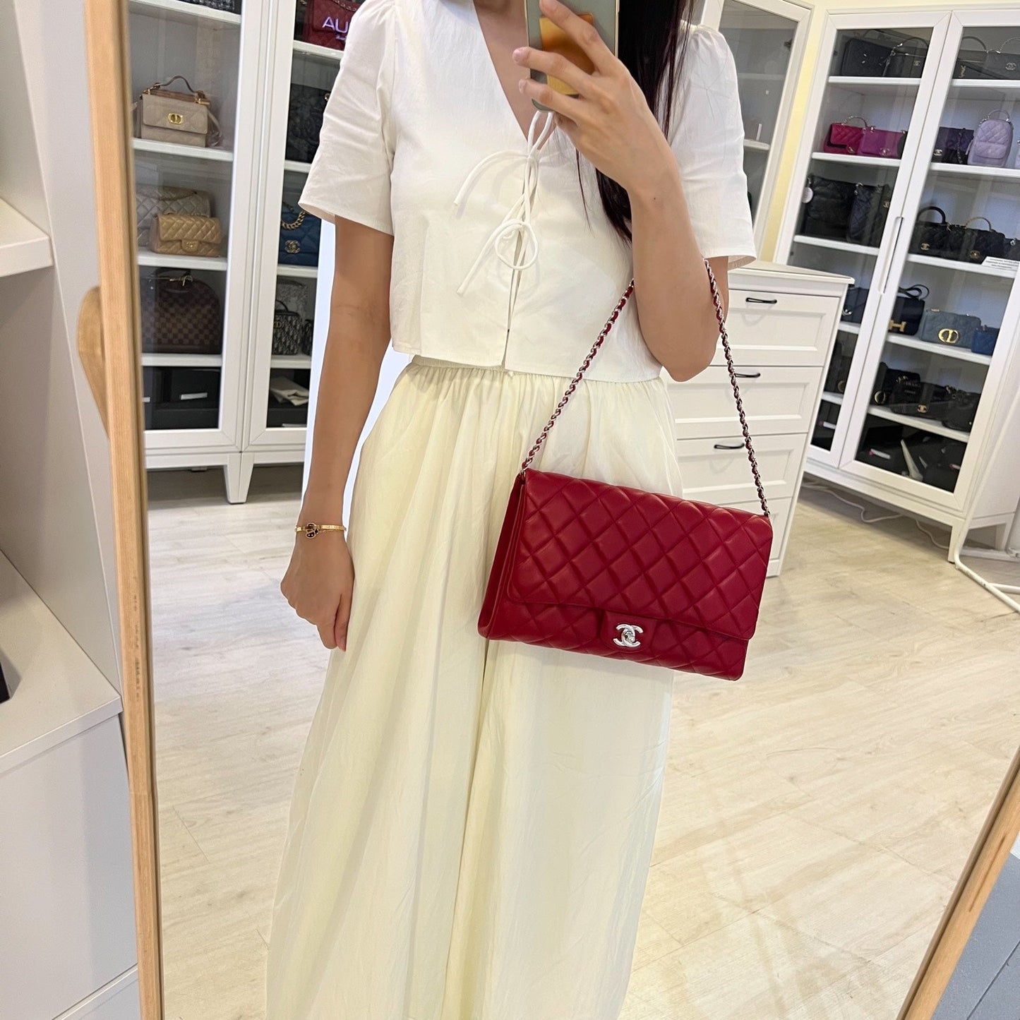 Chanel Classic Timeless Clutch with Chain in Red Lambskin and SHW (Model: )