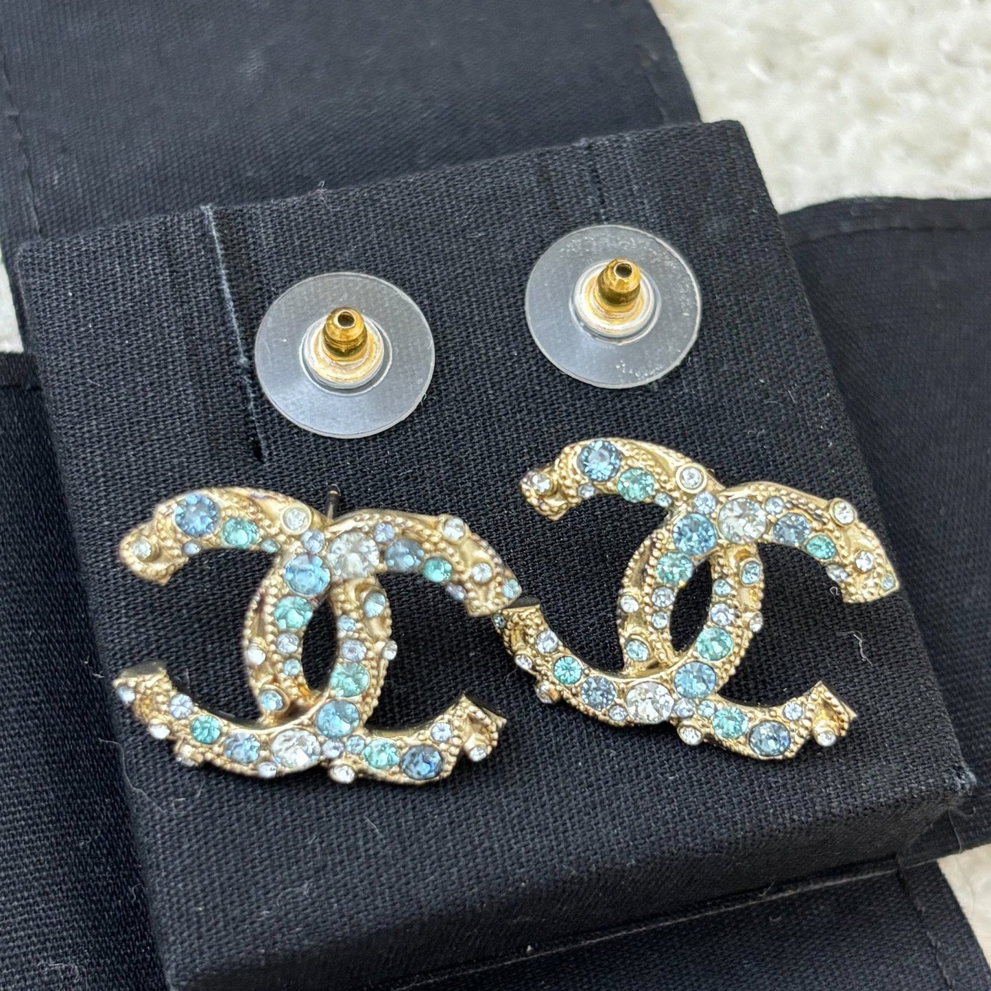 Chanel CC Logo Earrings with Blue Crystals in GHW Jewelry