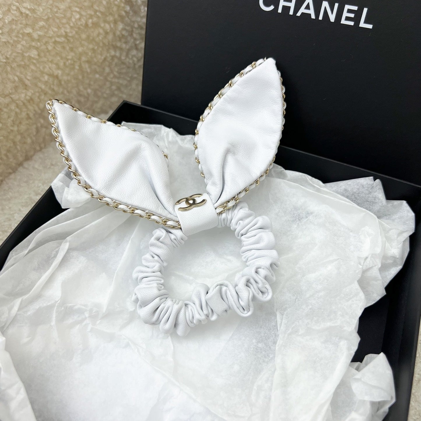 Chanel Hair Scrunchie Tie in White Lambskin and LGHW Accessory