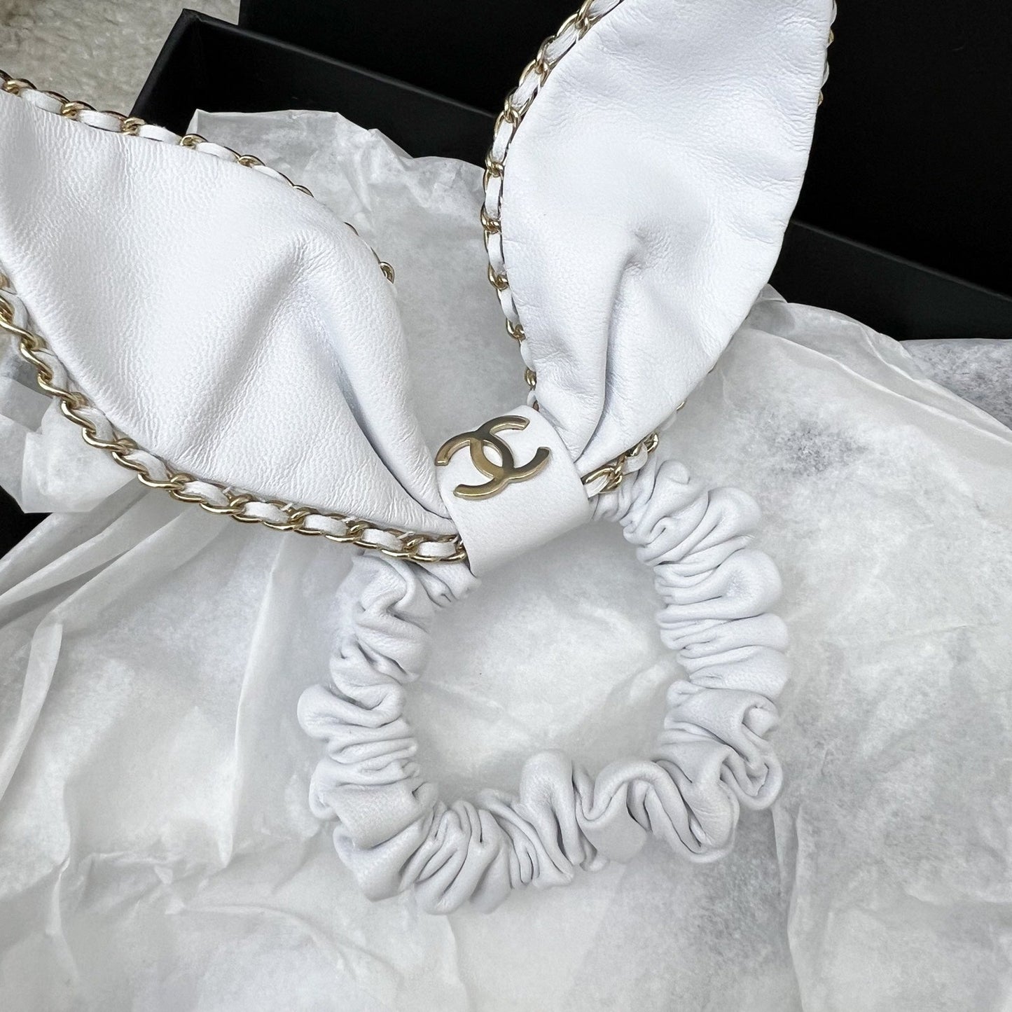 Chanel Hair Scrunchie Tie in White Lambskin and LGHW Accessory