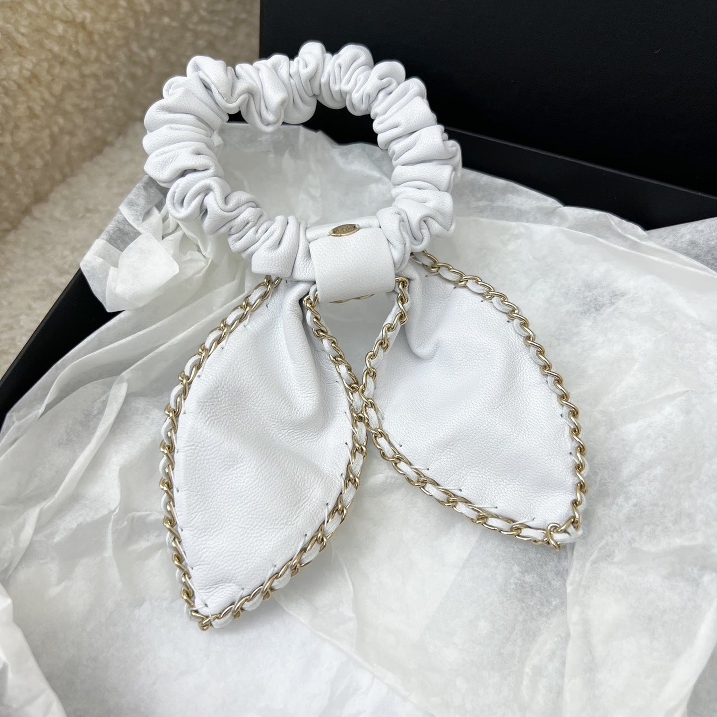 Chanel Hair Scrunchie Tie in White Lambskin and LGHW Accessory