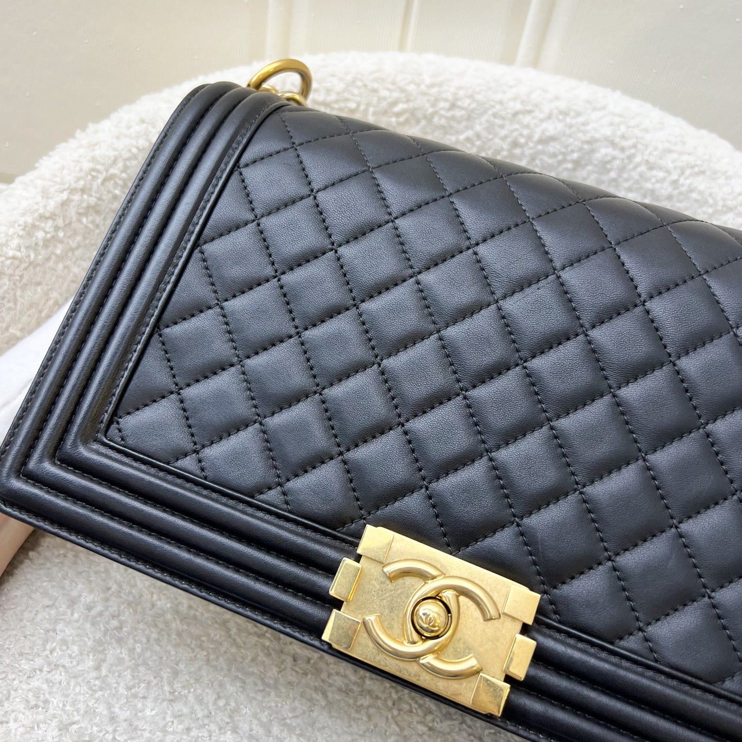 Chanel New Medium / Large Boy Flap in Black Lambskin and AGHW Accessory
