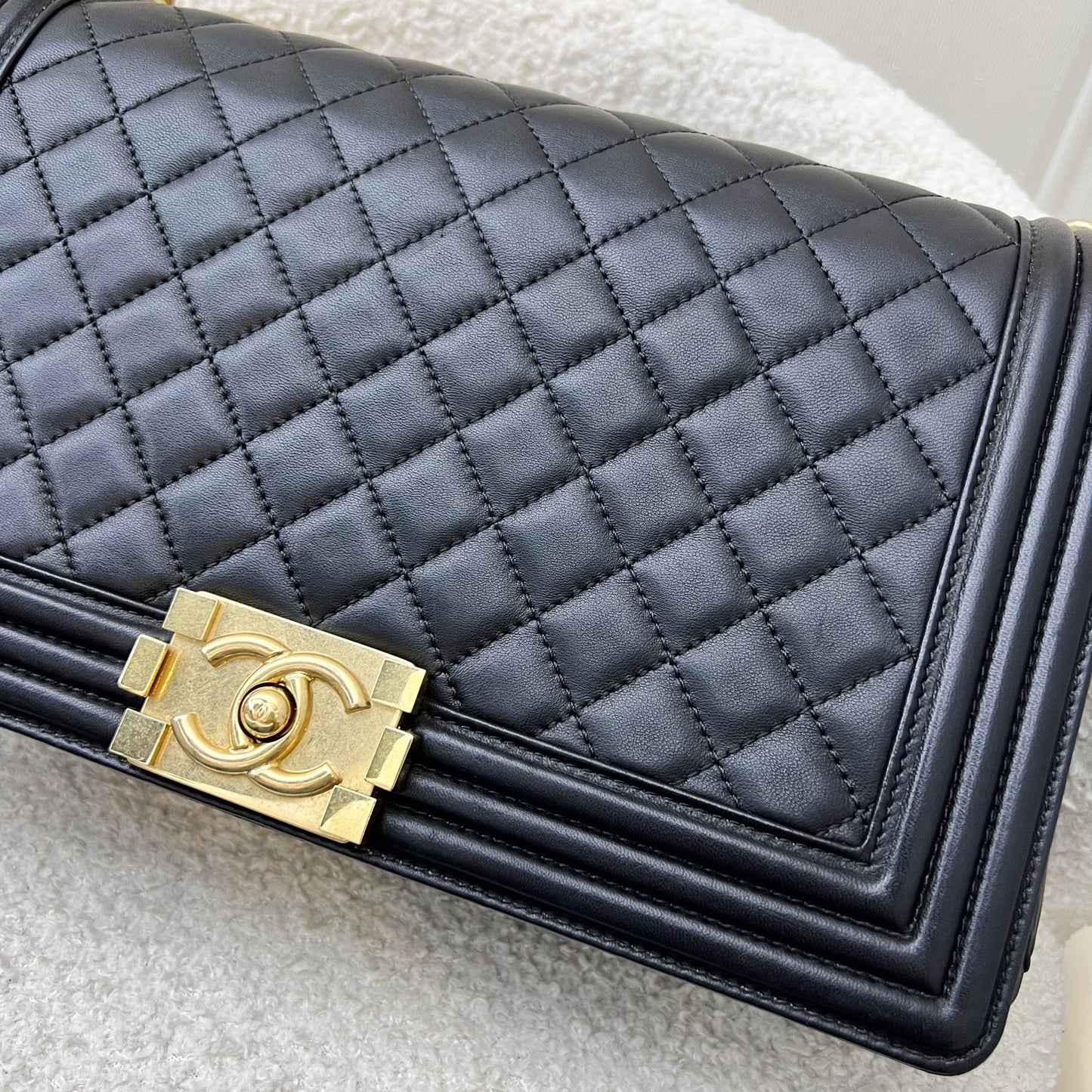 Chanel New Medium / Large Boy Flap in Black Lambskin and AGHW Accessory