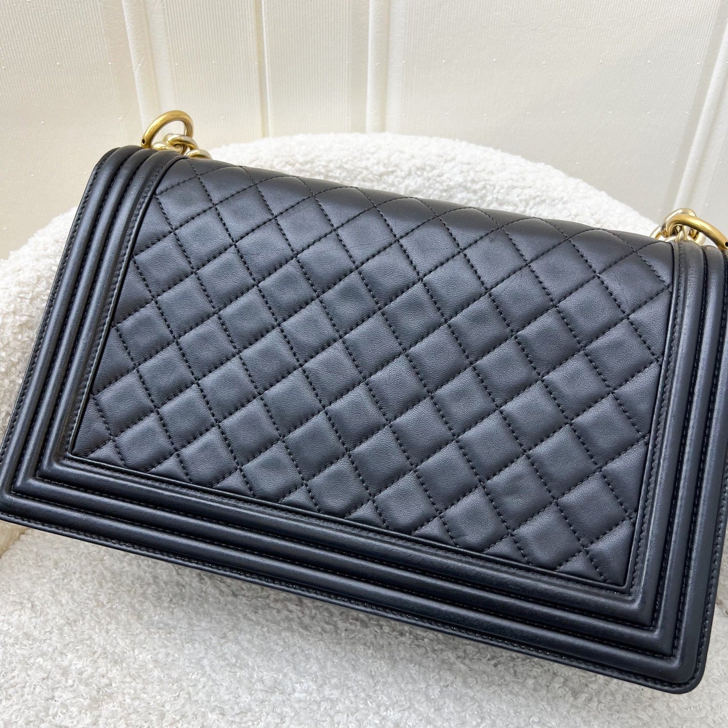 Chanel New Medium / Large Boy Flap in Black Lambskin and AGHW Accessory