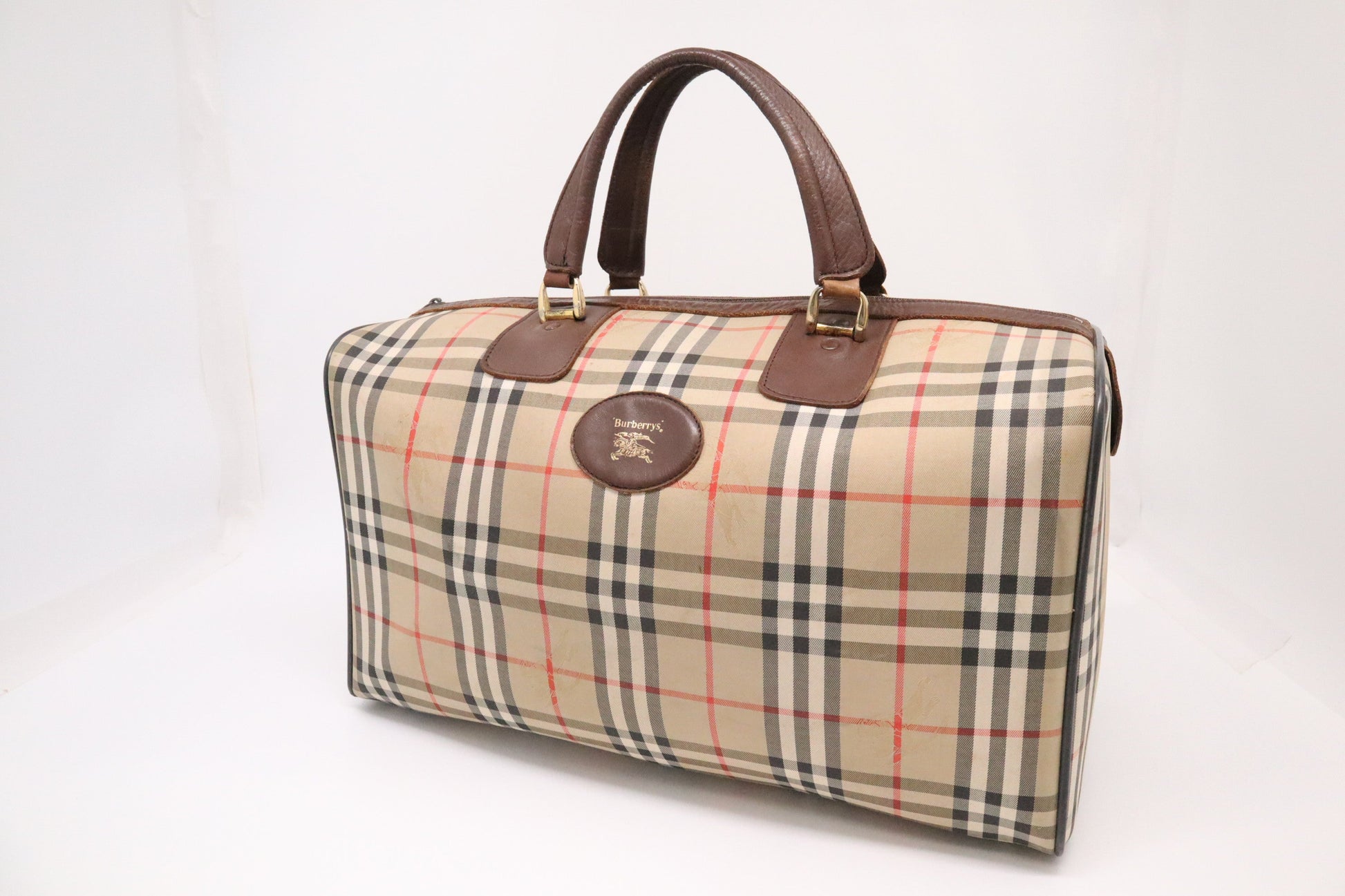 Burberry Boston Bag In Checked Canvas Brown Travel Bag