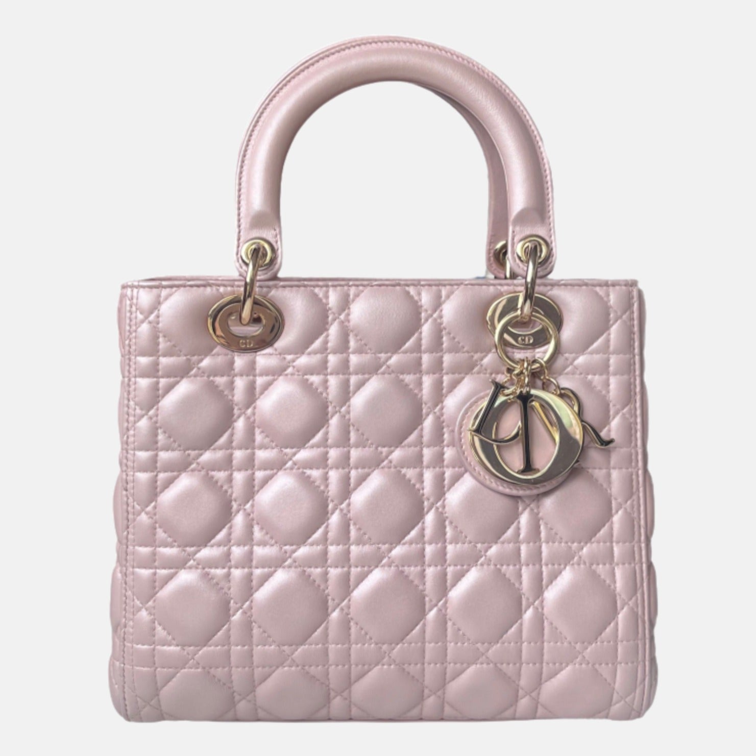 Dior Lady Medium Handbag Pearlescent Cannage Hardware Leather Pink Travel Bag