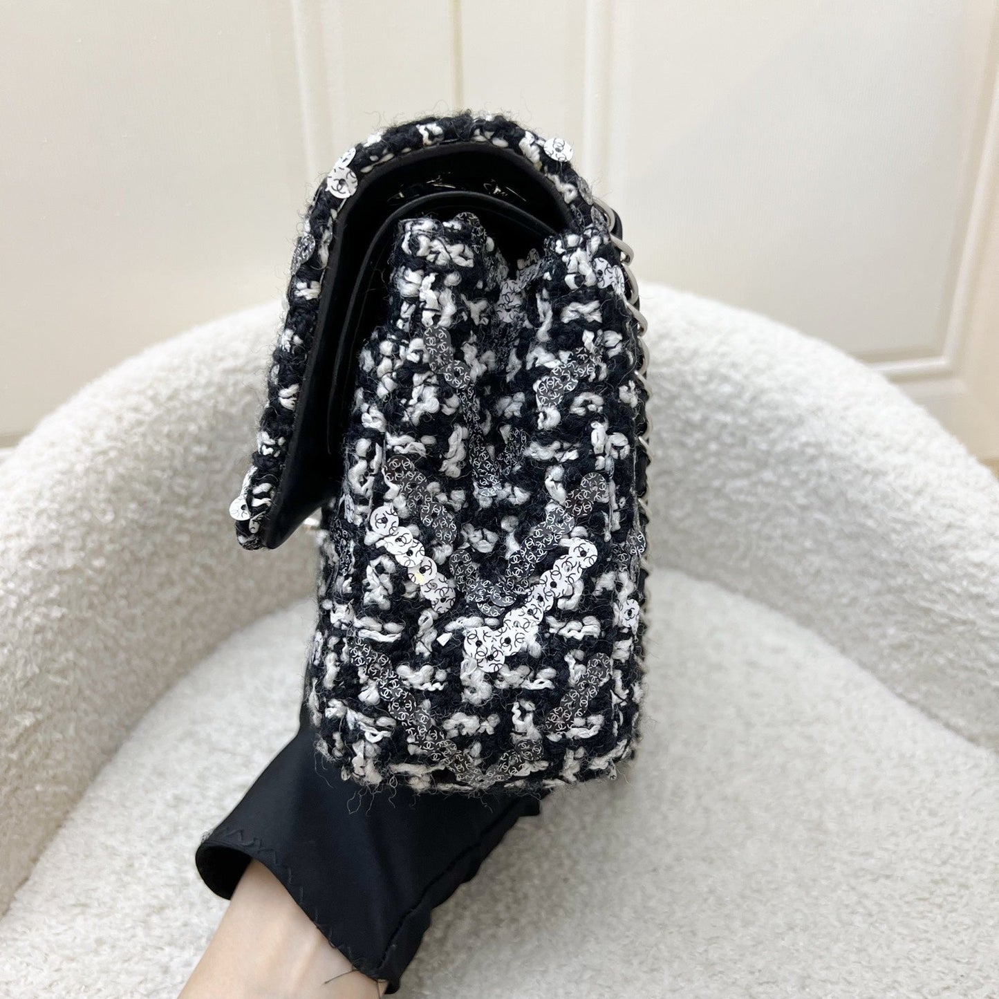 Chanel Medium Classic Flap CF in Tweed, Black and White Sequins and SHW Accessory