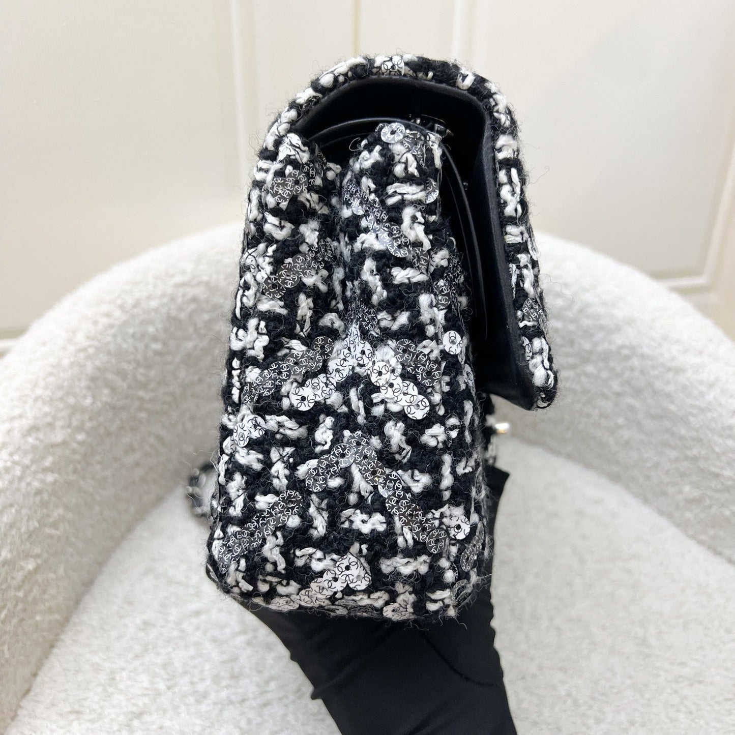 Chanel Medium Classic Flap CF in Tweed, Black and White Sequins and SHW Accessory