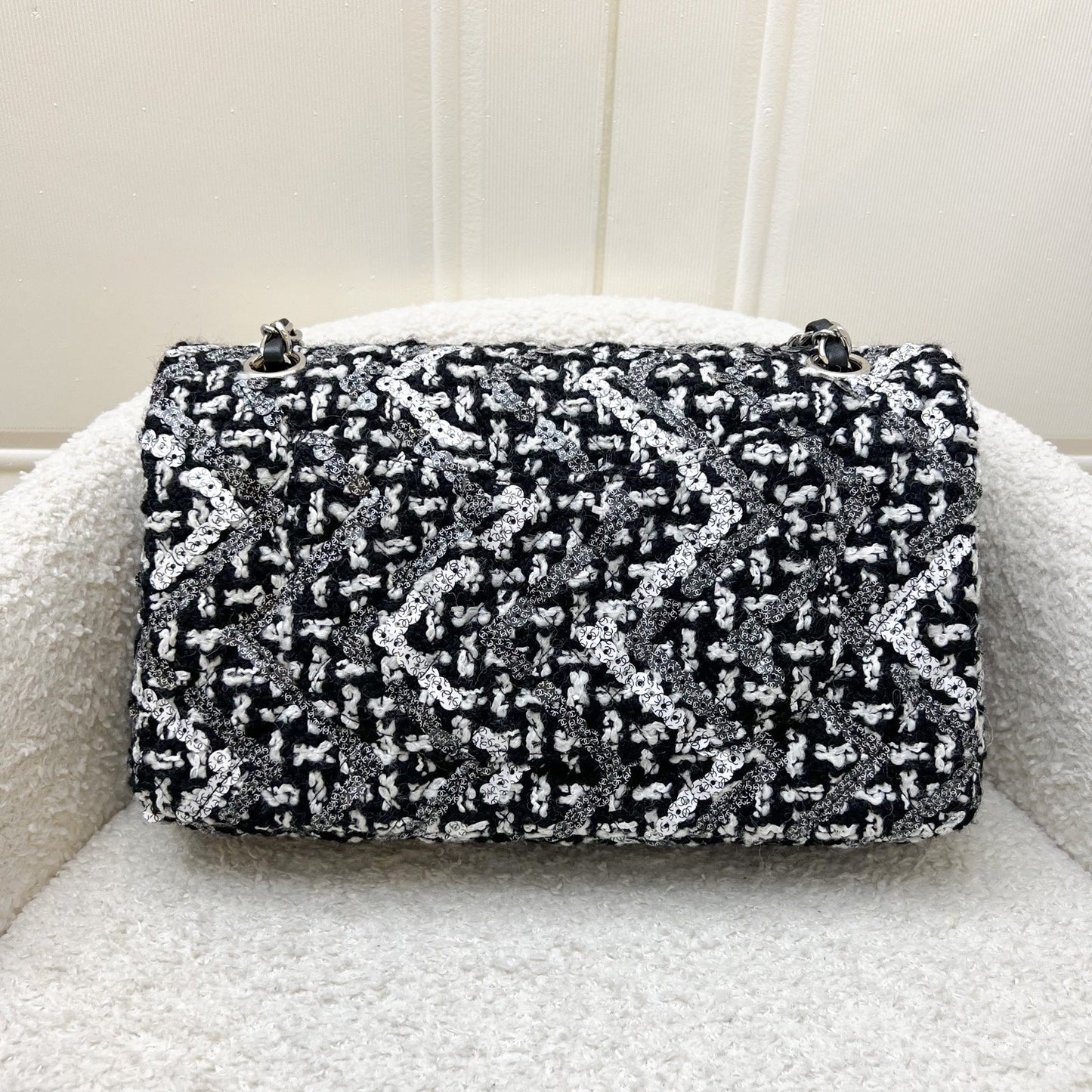 Chanel Medium Classic Flap CF in Tweed, Black and White Sequins and SHW Accessory