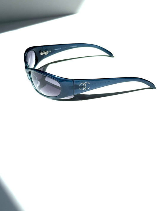 Chanel 6004 Blue Acetate Wrap Around CC Crystal Sunglasses