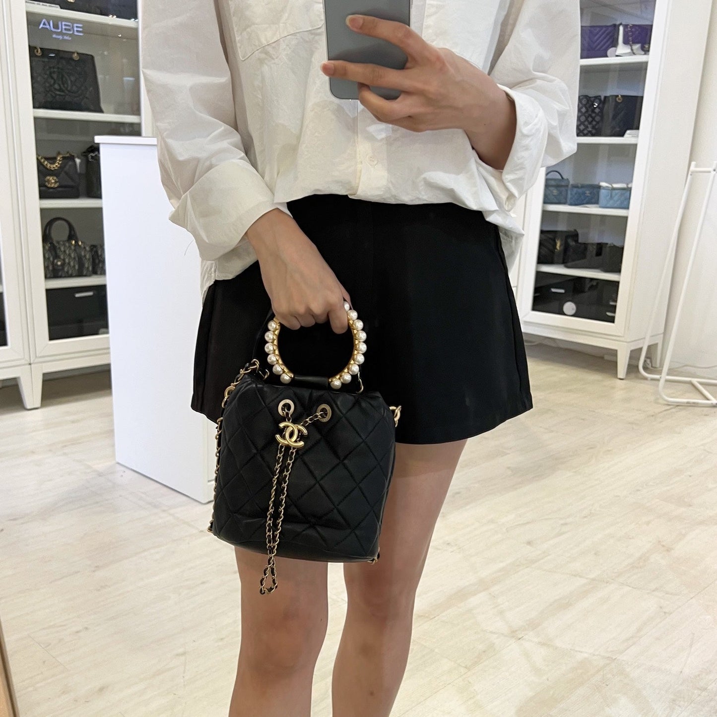 Chanel Pearl Handle Mini Drawstring Bucket Bag in Black Lambskin and AGHW (Model: )