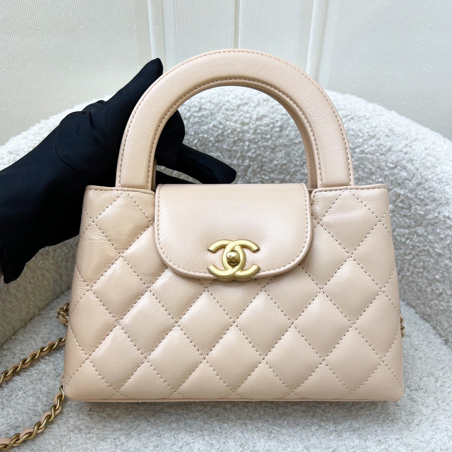 Chanel Mini / Small Kelly in Beige Shiny Distressed Calfskin and AGHW (Model: ) Accessory