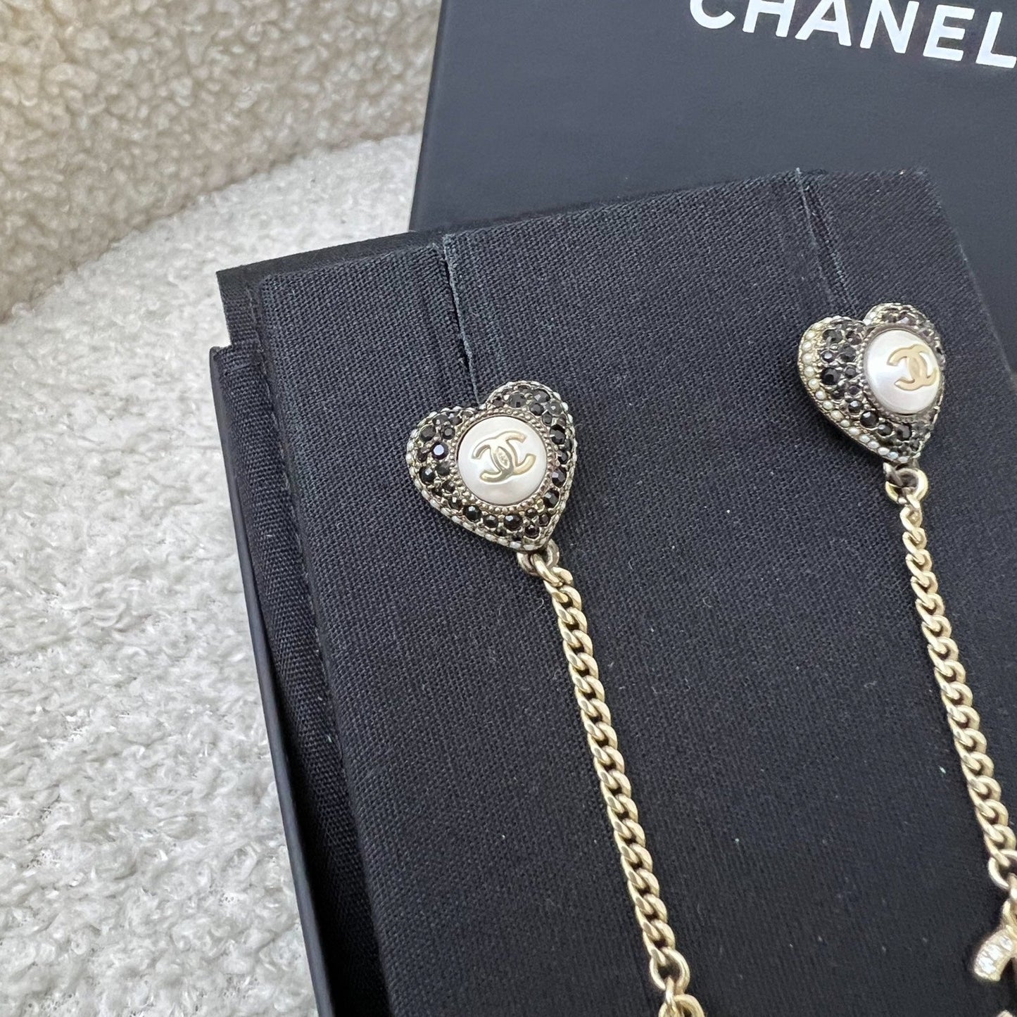 Chanel CC Heart Long Earrings with Black and White Crystals and Pearls Jewelry