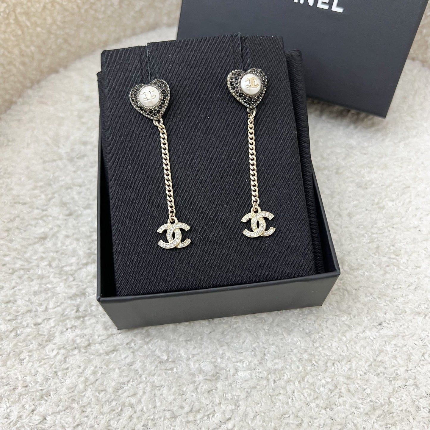 Chanel CC Heart Long Earrings with Black and White Crystals and Pearls Jewelry