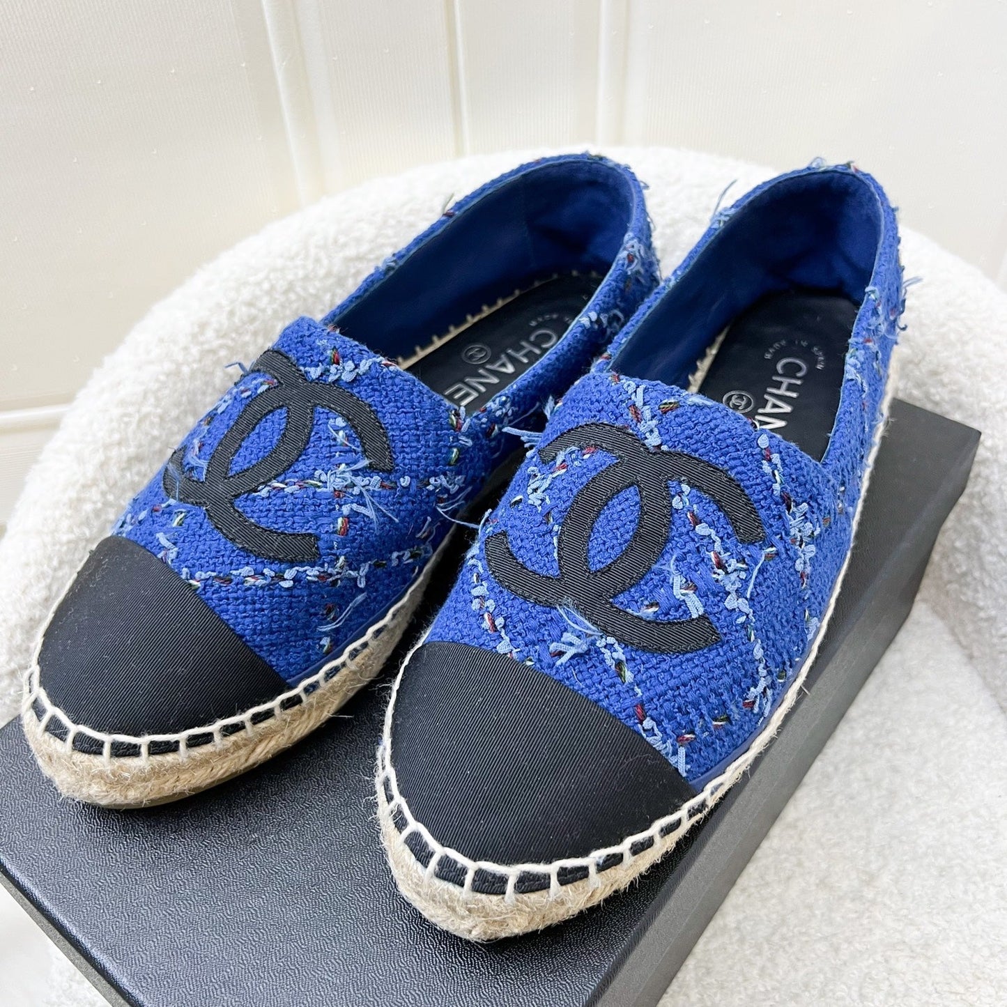 Chanel Espadrilles in Blue Tweed and Black Gosgrain Sz 37 Accessory